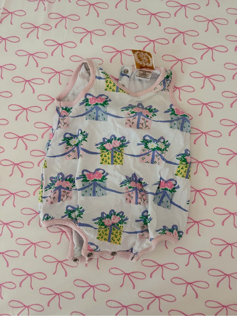 The Beaufort Bonnet Company White Romper with Pink, Blue & Green Gift-Print